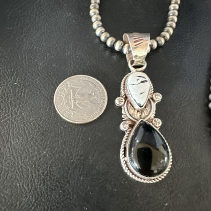 Women's White Buffalo Turquoise Onyx Necklace Pendant | Sterling Silver | Multi-Stone | 15314