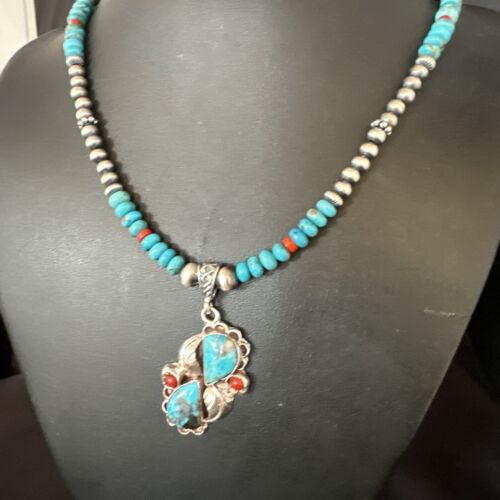 Navajo Blue Turquoise Coral Pendant Necklace | Sterling Silver | Multi-Stone | Authentic Native American Handmade | 15257