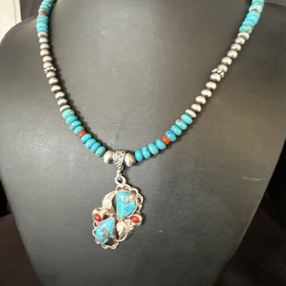 Navajo Blue Turquoise Coral Pendant Necklace | Sterling Silver | Multi-Stone | Authentic Native American Handmade | 15257