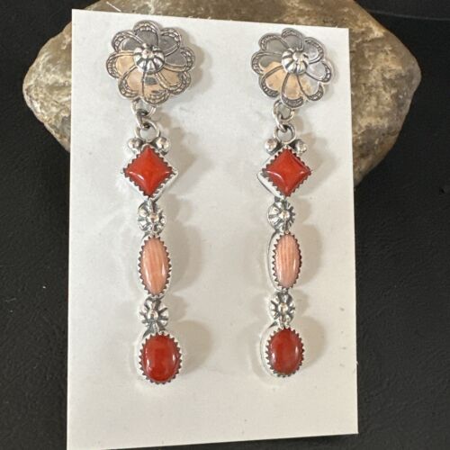 Navajo Red Pink Coral Mother of Pearl Dangle Earrings | Sterling Silver | Authentic Native American Handmade | 15327