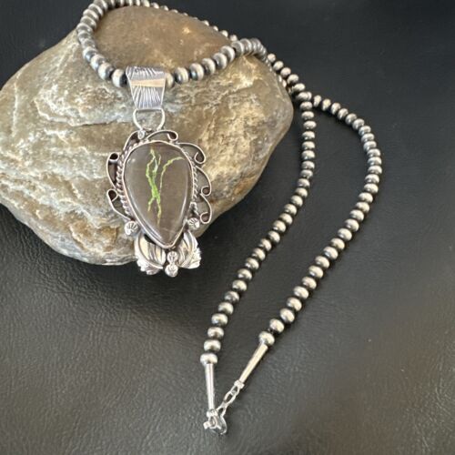 Navajo Green Boulder Turquoise Pendant Necklace | Sterling Silver | Men's Women's | 16135