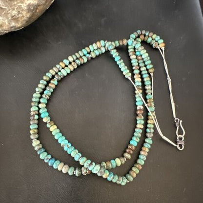 Navajo Blue Green Turquoise Heishi Bead Necklace | Sterling Silver | 6mm | Authentic Native American Handmade | 14359 - Masha USA