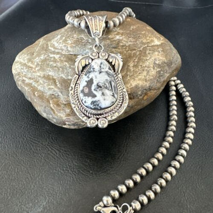 Navajo White Buffalo Turquoise Pendant Necklace | Sterling Silver | Authentic Native American Handmade | 17523
