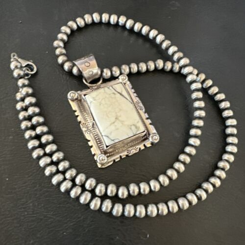 White Buffalo Turquoise Pendant | Navajo Pearls Sterling Silver Necklace | Authentic Native American Handmade | 17102