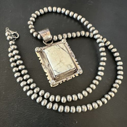 White Buffalo Turquoise Pendant | Navajo Pearls Sterling Silver Necklace | Authentic Native American Handmade | 17102
