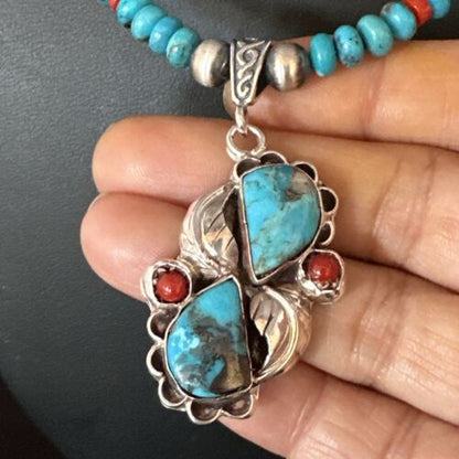 Navajo Blue Turquoise Coral Pendant Necklace | Sterling Silver | Multi-Stone | Authentic Native American Handmade | 15257