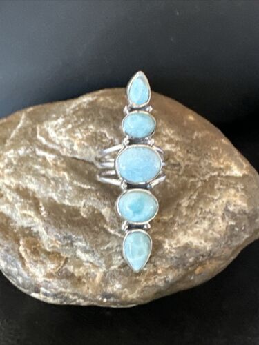 Navajo Blue Larimar Cluster Ring | Authentic Native American Sterling Silver | Multi-Stone | Sz 7 | 16156