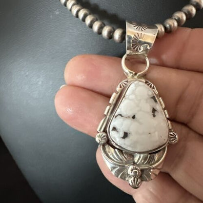 Men's White Buffalo Turquoise Pendant Necklace | Navajo Pearls | Sterling Silver | Native American Handmade | 17335