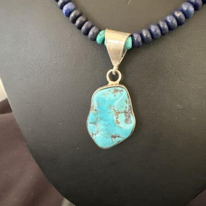 Navajo Lapis Turquoise Pendant Necklace | Sterling Silver | Authentic Native American Handmade | 17434