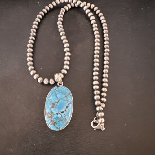 Navajo Blue Spiderweb Turquoise Pendant Necklace | Sterling Silver | Authentic Native American Handmade | 17014