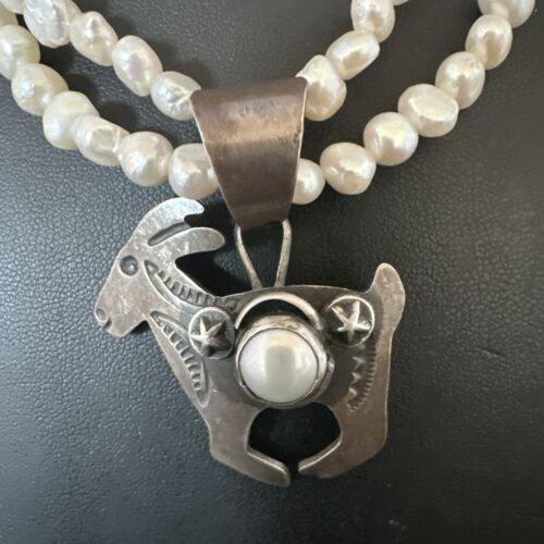 Navajo Old Pawn White Freshwater Pearl Sterling Silver Pendant Necklace | 14" Multi-Strand | 17369