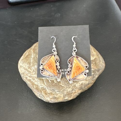 Navajo Orange Spiny Oyster Dangle Earrings | Sterling Silver | Authentic Native American Handmade | 17271