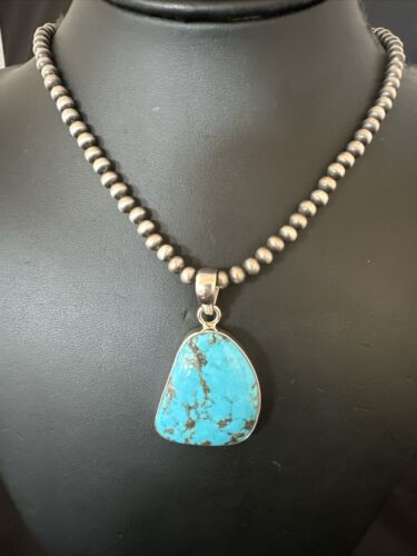 Navajo Blue Kingman Turquoise Pendant with Pearls | Sterling Silver Necklace | 20" | 17008