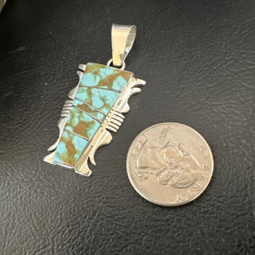 Navajo Blue #8 Turquoise Inlay Pendant | Sterling Silver | 2" | Authentic Native American Handmade | 15681