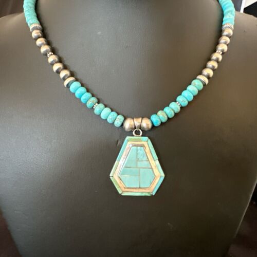 Navajo Turquoise Inlay Pendant Necklace | Sterling Silver | Authentic Native American Handmade | 17077
