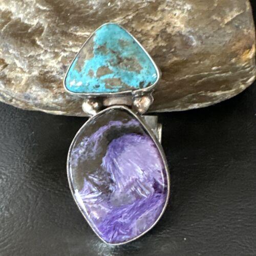 Navajo Blue Turquoise Purple Charoite Ring | Authentic Native American Sterling Silver | Multi-Stone | Sz 8 | 15916