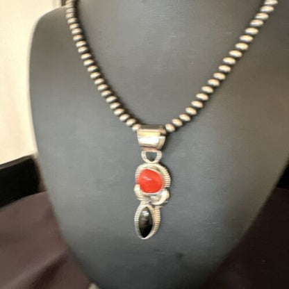 Navajo White Buffalo Coral Onyx Pearls Cluster Pendant | Sterling Silver | Native American Handmade | 15448
