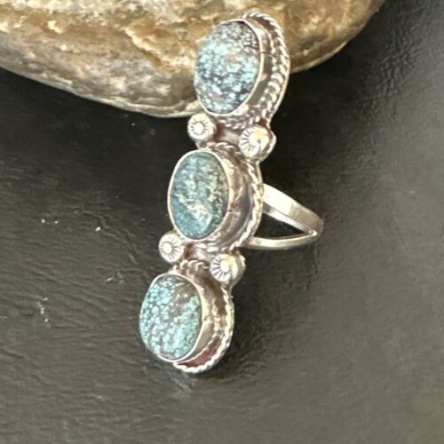 Navajo Blue Spiderweb Turquoise Multi-Stone Ring | Authentic Native American Sterling Silver | Sz 9 | 16707