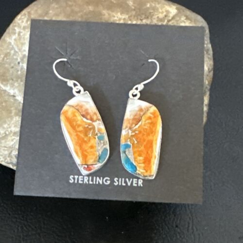 Navajo Blue Turquoise & Orange Spiny Oyster Inlay Dangle Earrings | Sterling Silver | Authentic Native American Handmade | 15580