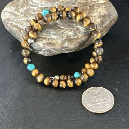 Navajo Blue Turquoise Coffee Tiger's Eye Bracelet | Stainless Steel Memory Wire | Authentic Native American Handmade | 17627