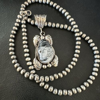 Navajo White Buffalo Turquoise Pendant Necklace | Sterling Silver | Authentic Native American Handmade | 17521