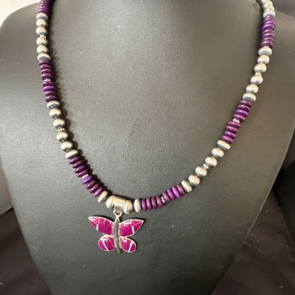 Navajo Butterfly Purple Sugilite Pendant Necklace | Sterling Silver Inlay | Authentic Native American Handmade | 16761