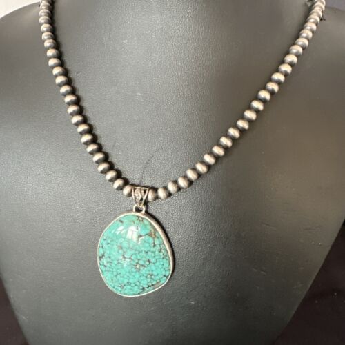 Men's Navajo Blue Spiderweb Turquoise Pendant Necklace | Sterling Silver | Authentic Native American Handmade | 16216