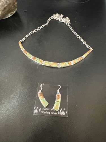 Navajo Choker Necklace with Blue #8 Turquoise Inlay | Sterling Silver Earrings Set | Authentic Native American Handmade | 16266