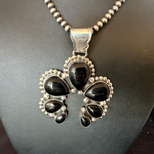 Men's Black Onyx Naja Pendant Necklace | Navajo Pearls | Sterling Silver | Authentic Native American Handmade | 16102
