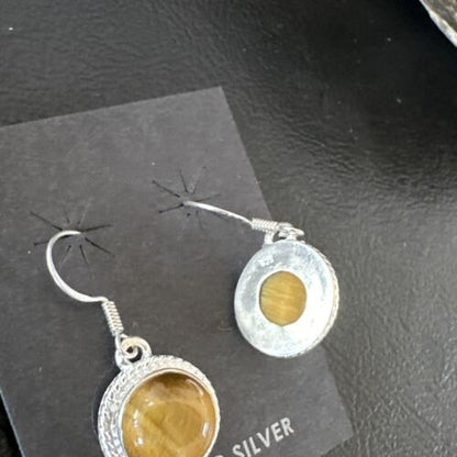 Southwestern Navajo Coffee Tiger's Eye Dangle Earrings | Sterling Silver | Authentic Native American Handmade | 16964