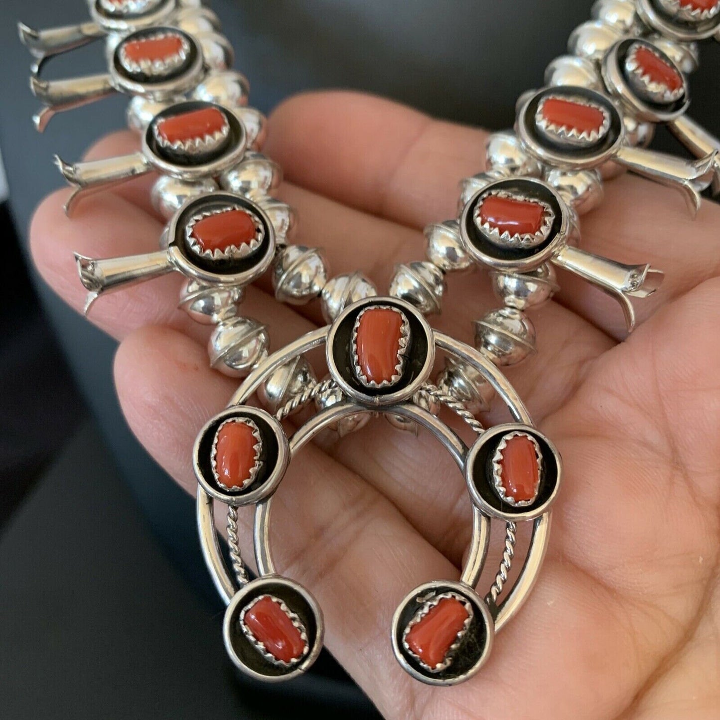 Navajo Coral Squash Blossom Necklace & Earrings | Sterling Silver Shadow Box | Authentic Native American Handmade | 10888
