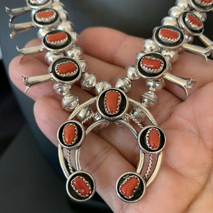 Navajo Coral Squash Blossom Necklace & Earrings | Sterling Silver Shadow Box | Authentic Native American Handmade | 10888