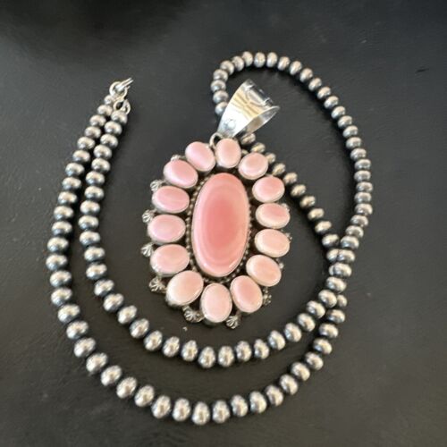 Navajo Pearls Pink Conch Necklace with Multi-Stone Cluster Pendant | Authentic Native American Handmade | 16061