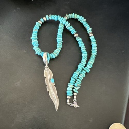 Navajo Blue Turquoise Leaf Pendant | Sterling Silver Pearls Necklace | 21" | Authentic Native American Handmade | 17540