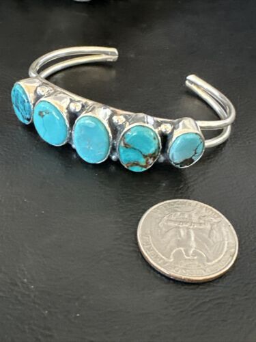 Navajo Blue Arizona Turquoise Cuff Bracelet | Sterling Silver | 5 Stone | Authentic Native American Handmade | 16277