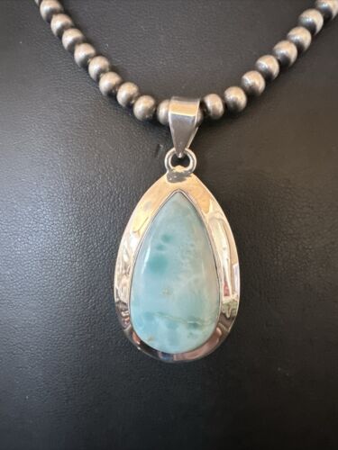 Navajo Blue Larimar Pendant Necklace | Sterling Silver Beads | Authentic Native American Handmade | 17567