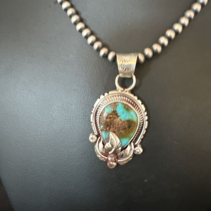 Navajo Blue Turquoise Pendant Necklace | Sterling Silver Pearls | Authentic Native American Handmade | 15655