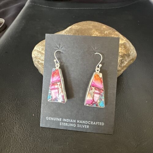 Navajo Blue Turquoise Purple Spiny Oyster Inlay Dangle Earrings | Sterling Silver | 15563