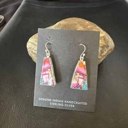 Navajo Blue Turquoise Purple Spiny Oyster Inlay Dangle Earrings | Sterling Silver | 15563