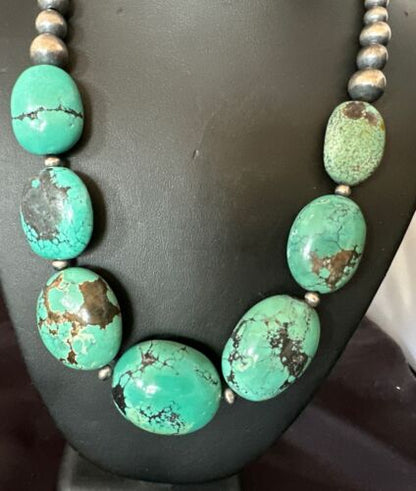 Navajo Blue Turquoise Chunky Pearls Necklace | Sterling Silver | 20" | Authentic Native American Handmade | 17496