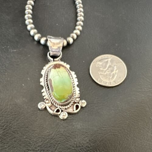 Navajo Royston Turquoise Pendant Necklace | Sterling Silver Pearls | Authentic Native American Handmade | 17060