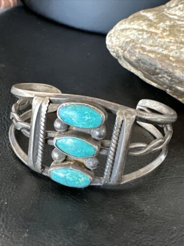 Women's Navajo Sterling Silver Cuff Bracelet | Blue Arizona Turquoise | 3 Stone | 16430