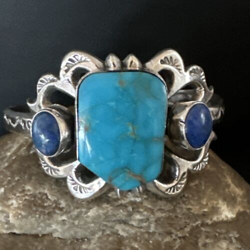 Kingman Turquoise Lapis Cuff Bracelet | Navajo Sterling Silver Tufa Cast | Authentic Native American Handmade | 16781
