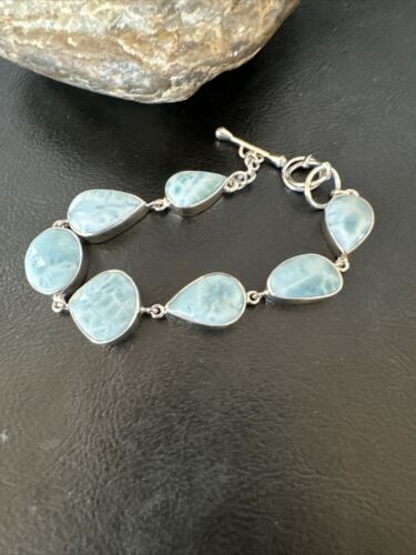 Navajo Blue Larimar Bracelet | Sterling Silver 7 Link | 8" | Authentic Native American Handmade | 16085
