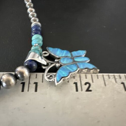 Navajo Butterfly Blue Opal Turquoise Inlay Pendant Necklace | Sterling Silver | Native American Handmade | 16760