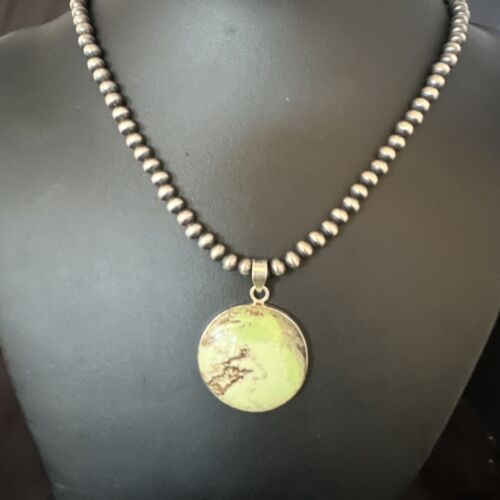 Navajo Green Gaspeite Pendant Necklace | Sterling Silver | Authentic Native American Handmade | 15492