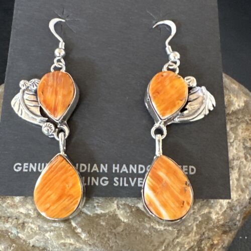 Navajo Orange Spiny Oyster Dangle Earrings | Sterling Silver | 1.5" | Authentic Native American Handmade | 16567