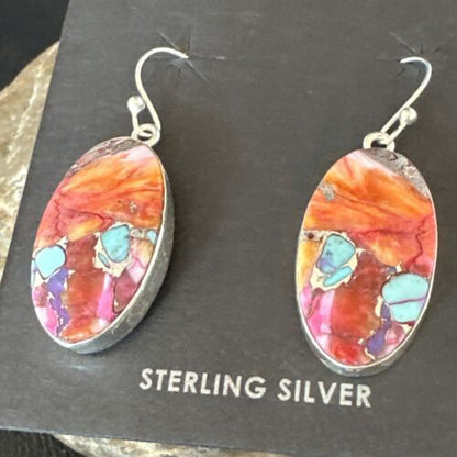 Navajo Blue Turquoise Red Spiny Oyster Inlay Dangle Earrings | Sterling Silver | Authentic Native American Handmade | 15562 - Masha USA