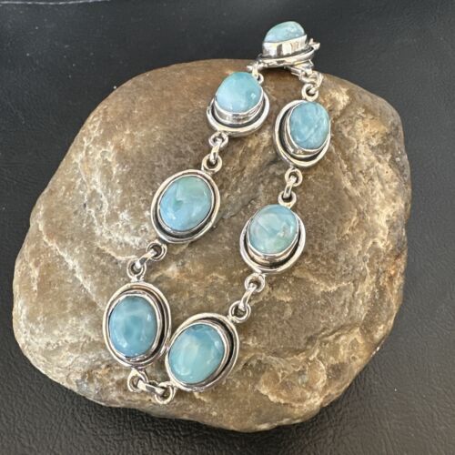 Navajo Blue Larimar Bracelet | Sterling Silver Link | 8" | Authentic Native American Handmade | 16076