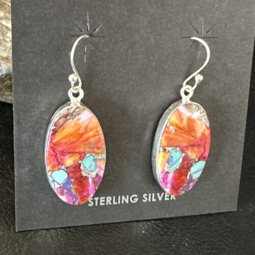 Navajo Blue Turquoise Red Spiny Oyster Inlay Dangle Earrings | Sterling Silver | Authentic Native American Handmade | 15562 - Masha USA